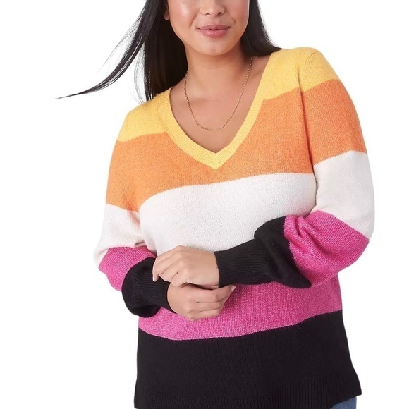Lane Bryant Women’s Multicolored Striped V-Neck Tunic Pullover Sweater Sz 14-16 - Picture 1 of 8